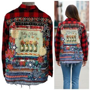 Upcycled Flannel Jacket Shacket Womens XL Christian Church Embroidered OOAK
